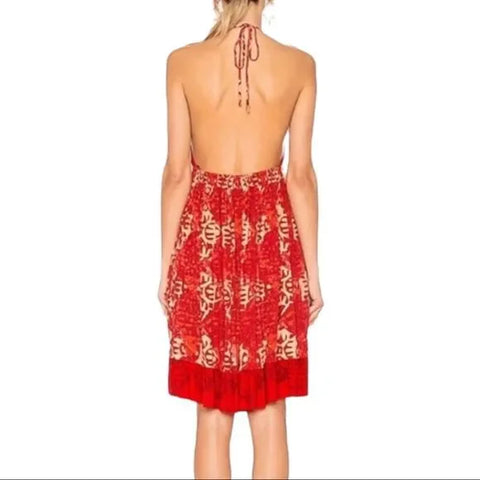 Women's Summer Red & Cream Abstract Print  Backless High-Low Ruffle Trim Halter Mini Dress - Medium or Large - Free People