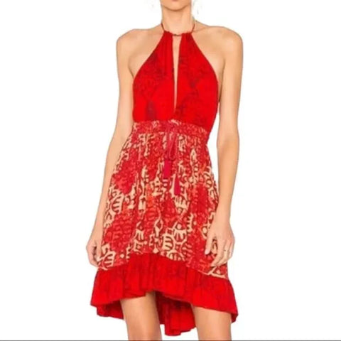 Women's Red Tan Abstract Summer Dress  Backless Front Pockets High-Low Ruffled Trim Halter Mini Dress - Medium or Large - Free People