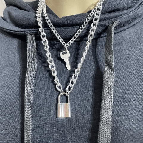 Silver Chunky Twisted Chain Lock Key Necklace - Wild Time Fashion