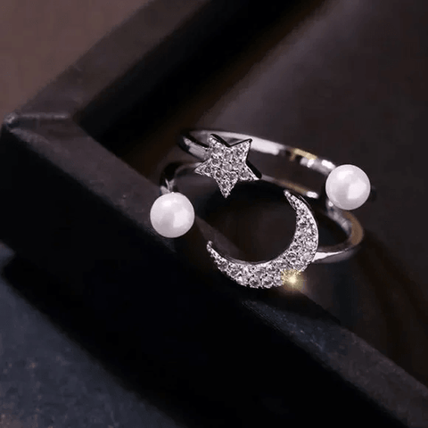 Celestial Ring Silver Crystal Moon & Stars Open Band Ring