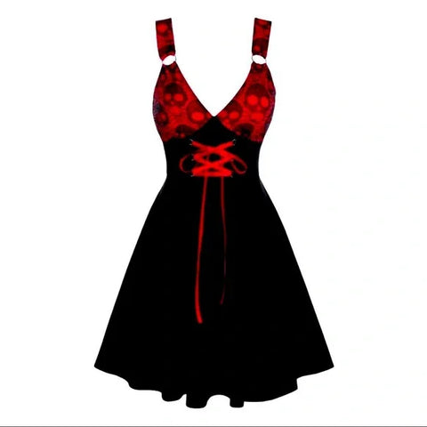 Plus Size Edgy Red Skulls Black Skater Dress - Wild Time Fashion