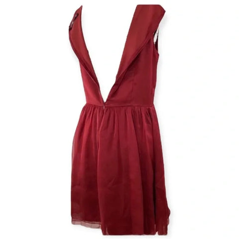 Women's Garnet  Red Round Neck Sleeveless Halter  Fit Flare Formal Dress - Large - Wild Time Fashion