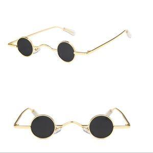 Mini Round Sunglasses Gray Lenses Gold Metal Frame Shades, Eyewear -Unisex- Wild Time Fashion 