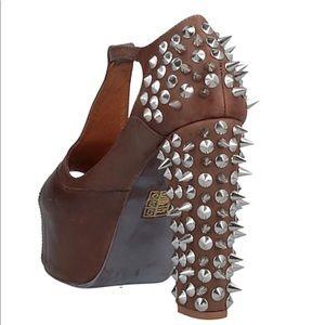 Women's Brown Leather Silver Studded Spikes Heel Mary Janes Platform Size 8 - Jeffrey Campbell