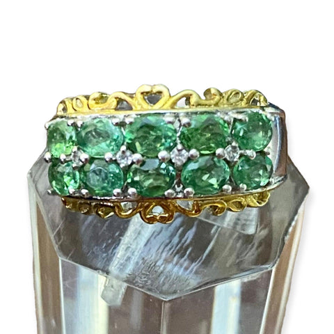 Chrome Diopside White Cambodian Zircon 14K Gold Platinum Double Row Statement Ring size 6