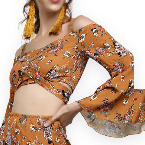 Floral Off-Shoulder Crop Top & Ruffle Mini Skirt Set