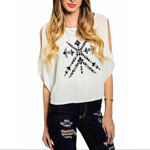 White Cold Shoulder Black Tribal Embroidery Top